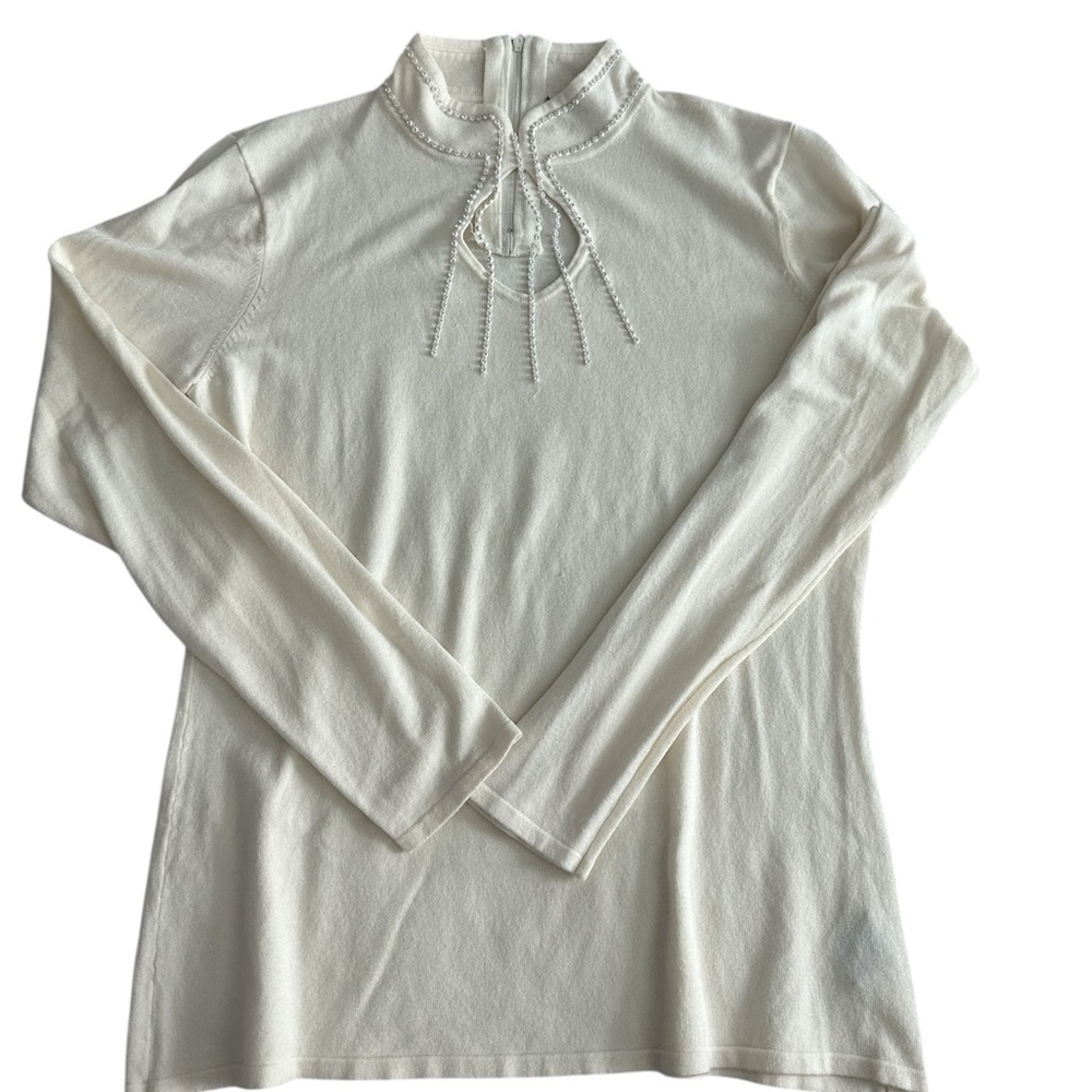 Reba Embellished Rhinestone sweater Cut Out Ivory Large Long Sleeve Women